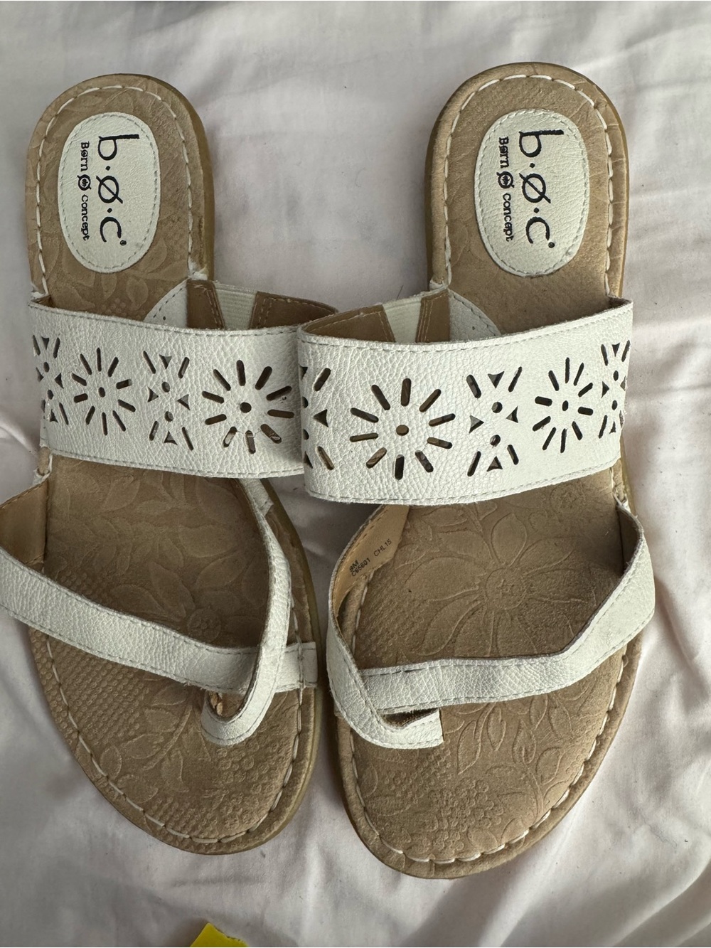 b.o.c. White Laser-Cut Toe-Loop Slide Sandals